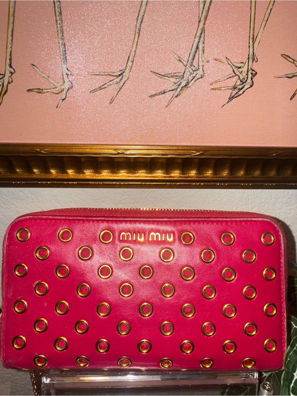 Miu Miu 
Pink Leather Grommet Stud Zip Around Wallet Wristlet Gold Hardware